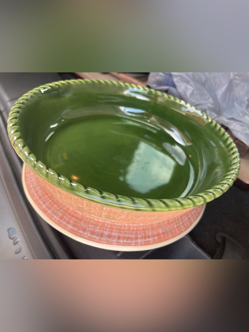 PartyLite Olive Green Ceramic Serving Bowl with Coral Accent